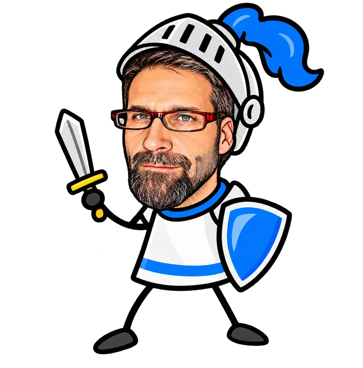 Kaudo as a blue-armored BAATLE knight with a sword and shield